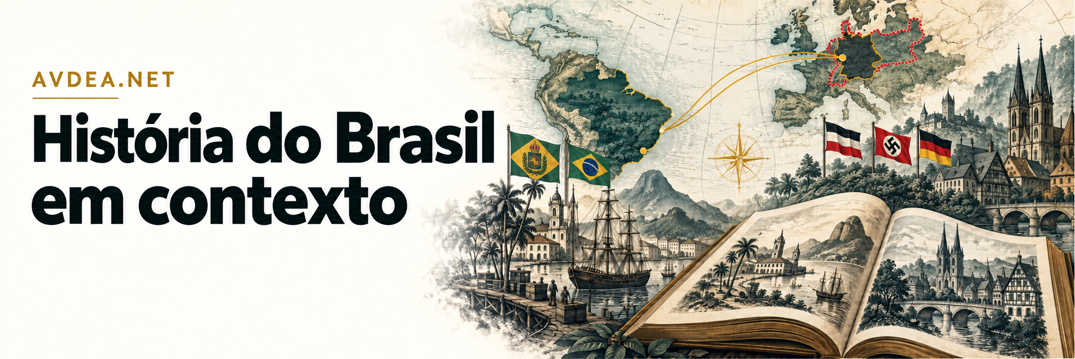 História do Brasil em contexto: bandeiras históricas e atuais do Brasil e da Alemanha; contorno ilustrativo do Império Alemão em vermelho pontilhado.